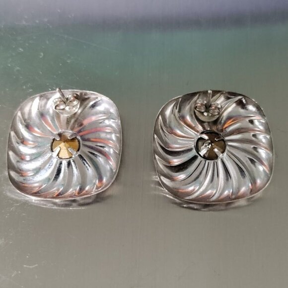 Sterling Silver Square Swirl Earrings With Pinkish Stone Centers - Picture 2 of 6